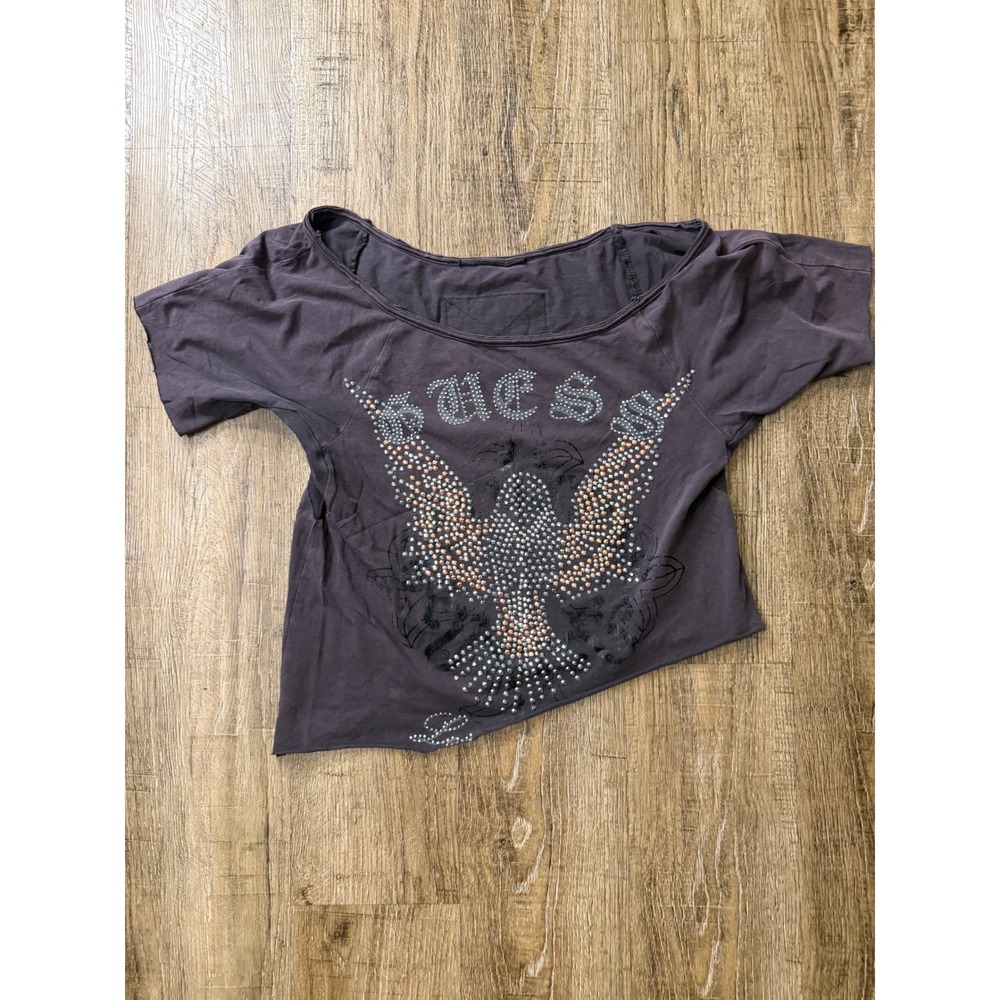 Guess Los Angeles Rhinestone Eagle Graphic Asymmetrical Top Gray Y2K Medium